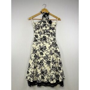 Rockabilly Pinup Ruby Rox Womens 3 Cream Black Floral Lace Halter Flare Dress